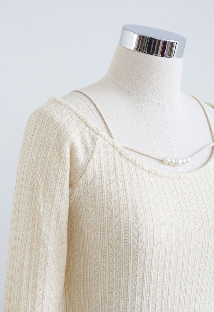 Bead Trim Cold-Shoulder Crop Knit Top in Cream