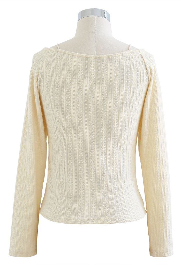 Bead Trim Cold-Shoulder Crop Knit Top in Cream