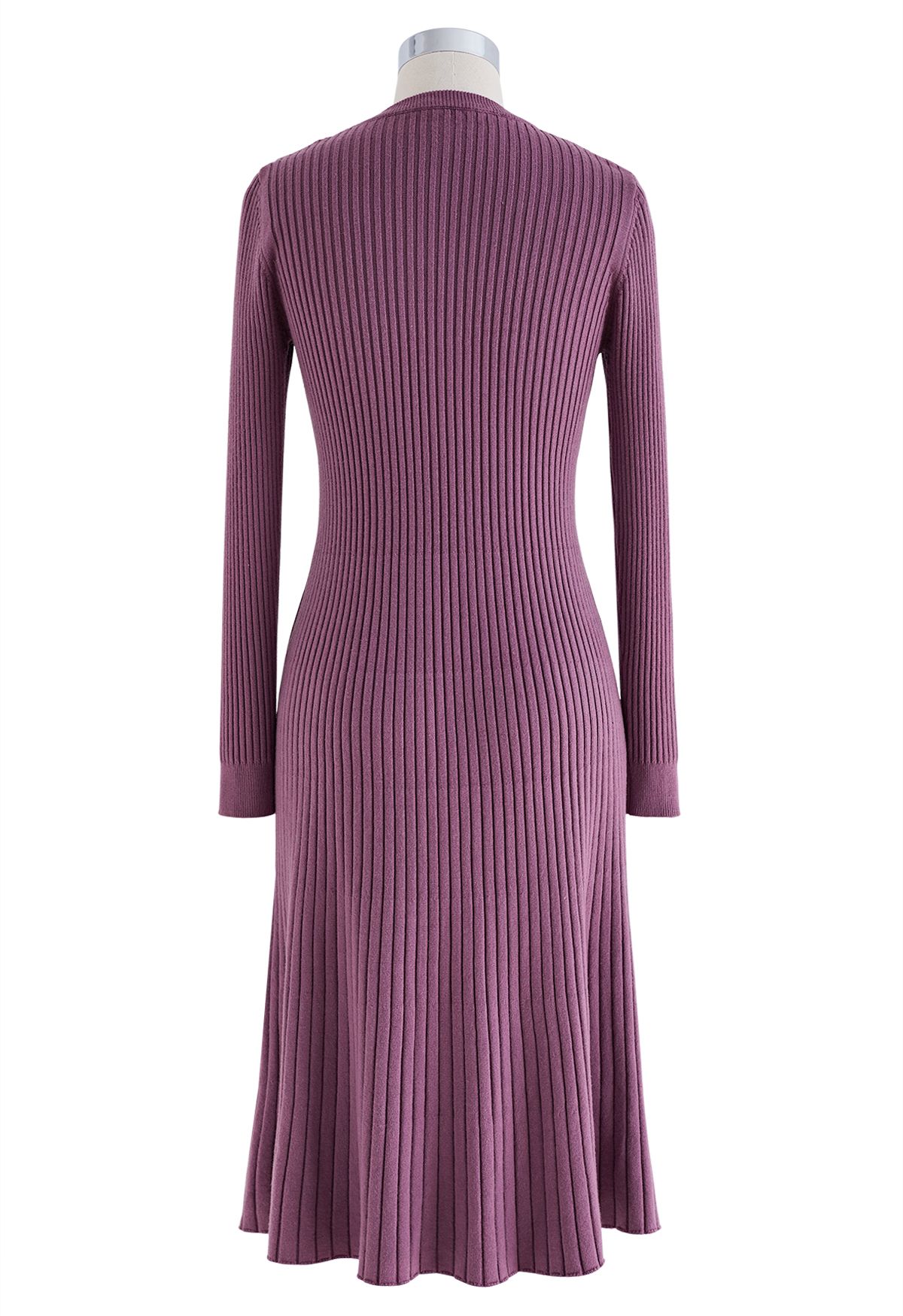 Ribbed Texture Frilling Midi Dress in Purple