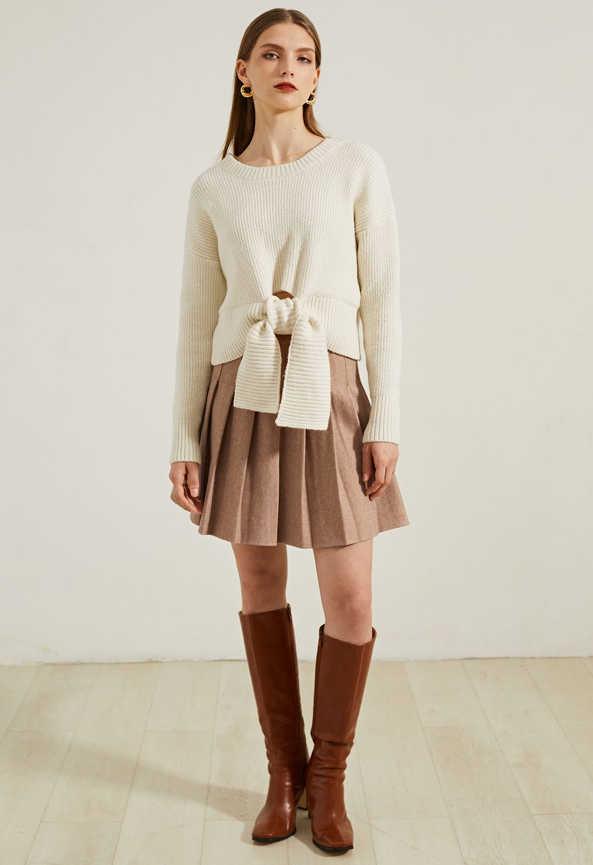 High Waist Wool-Blend Pleated Skater Skirt in Camel