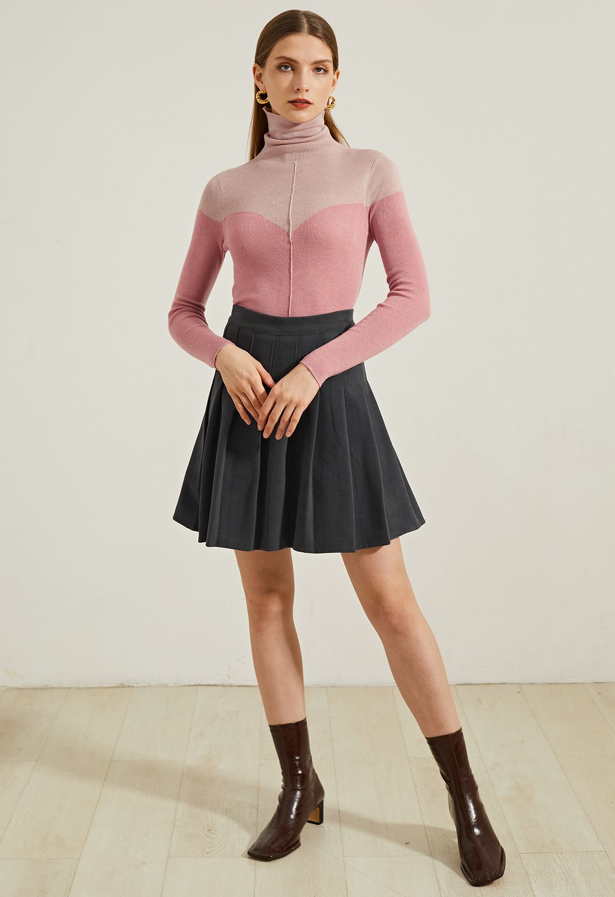 High Waist Wool-Blend Pleated Skater Skirt in Smoke