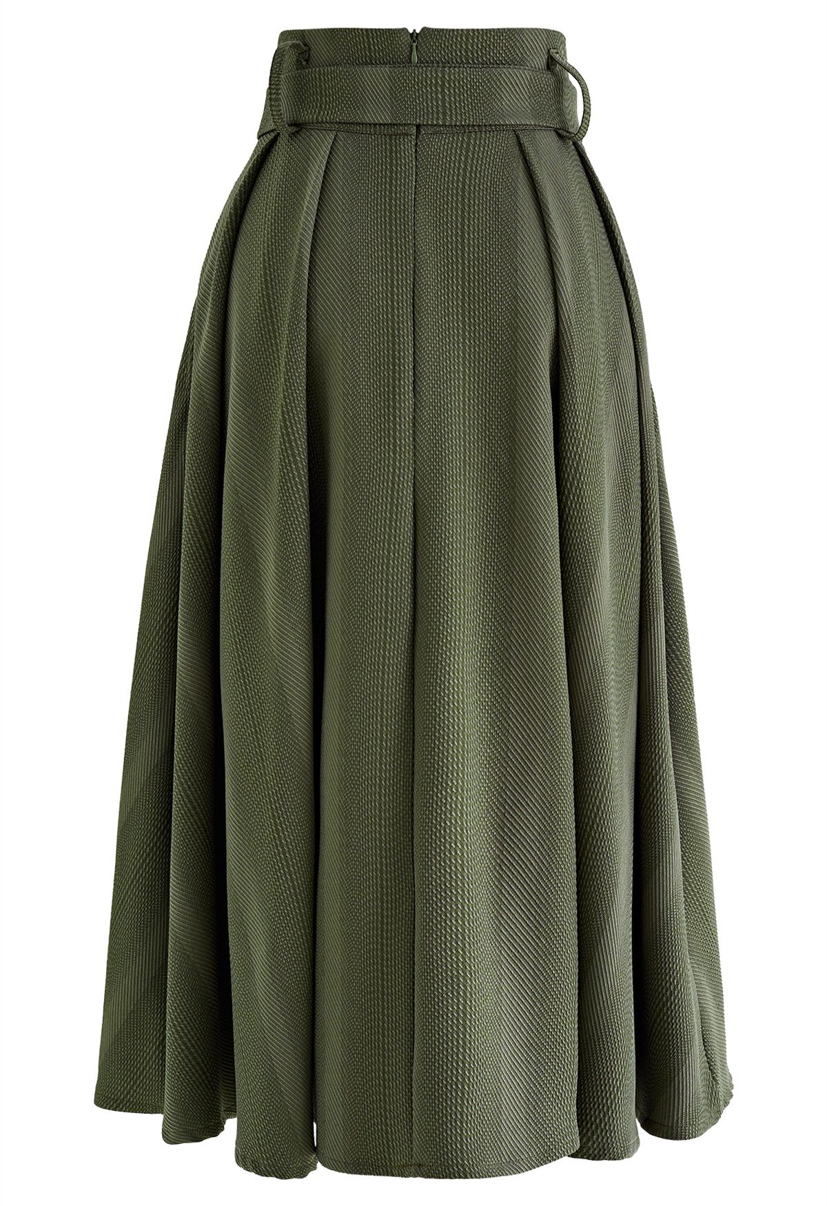 Belted Texture Flare Midi Skirt in Olive