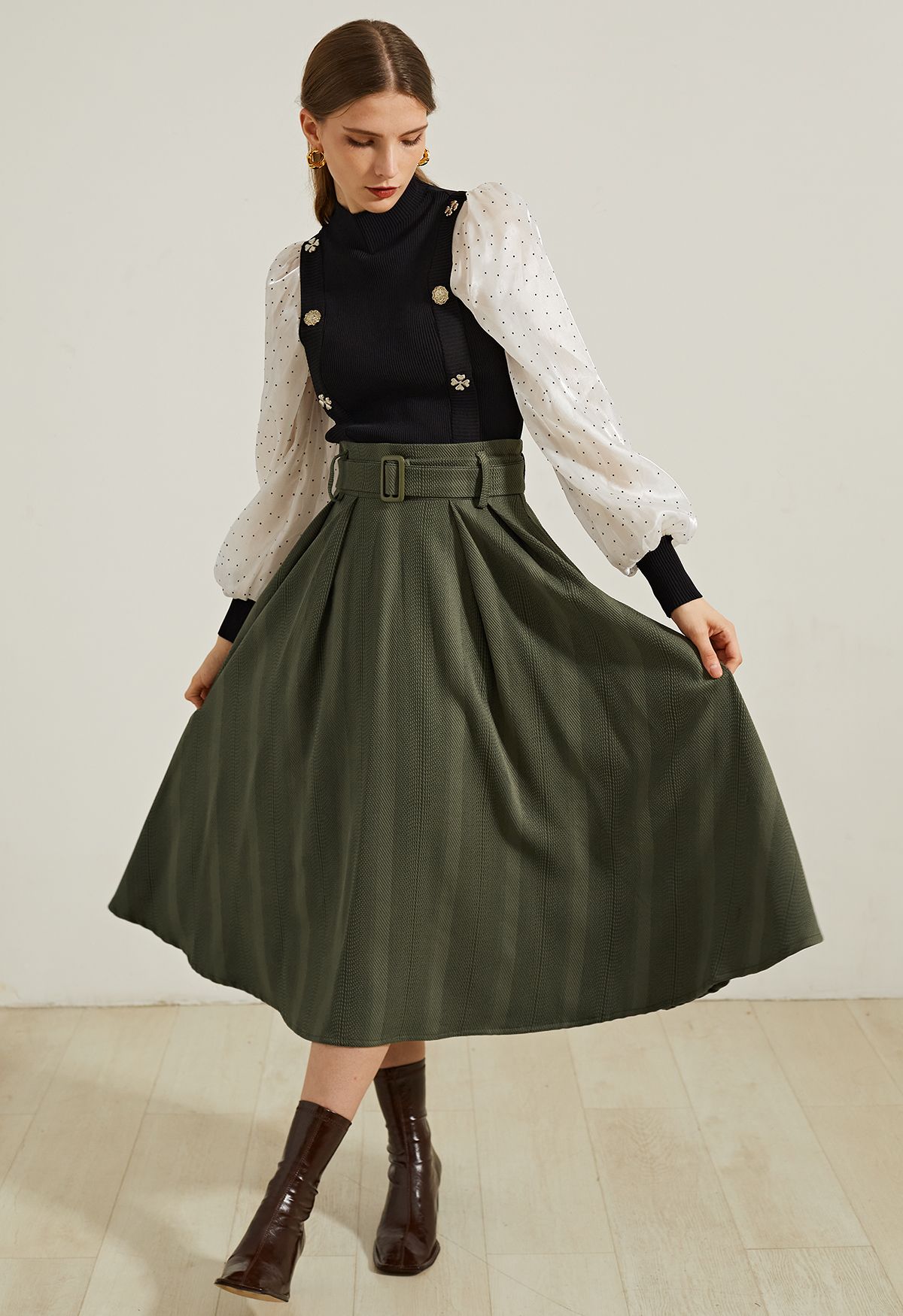 Belted Texture Flare Midi Skirt in Olive