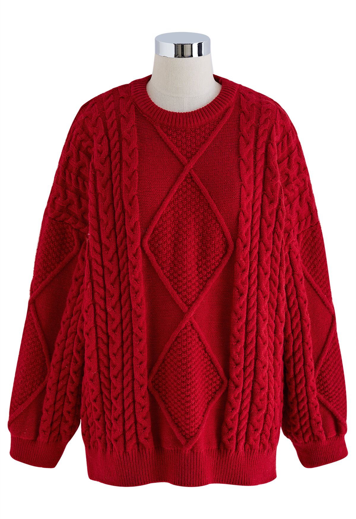 Cable Knit Sweater with Pom-Pom Scarf in Red