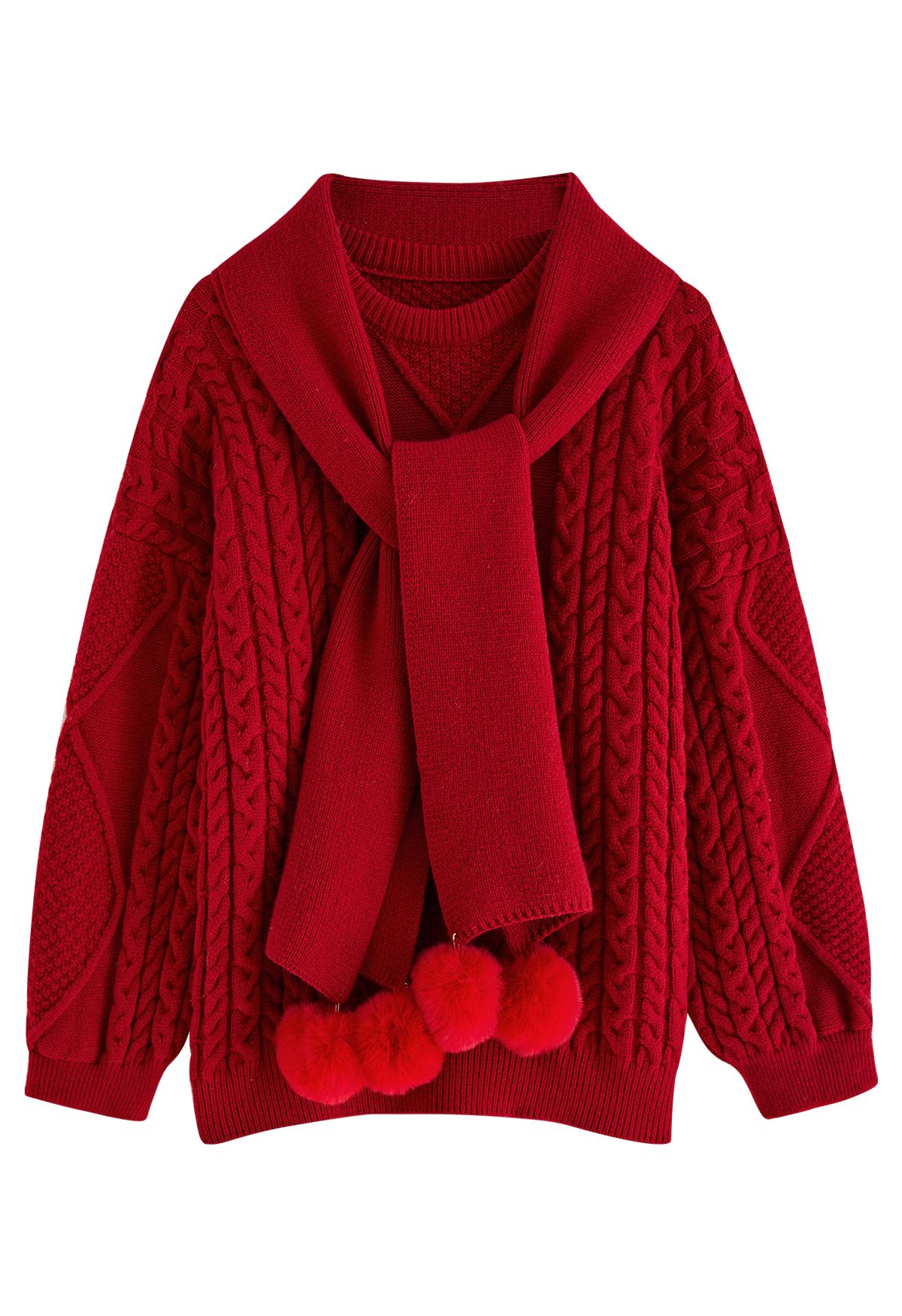 Cable Knit Sweater with Pom-Pom Scarf in Red