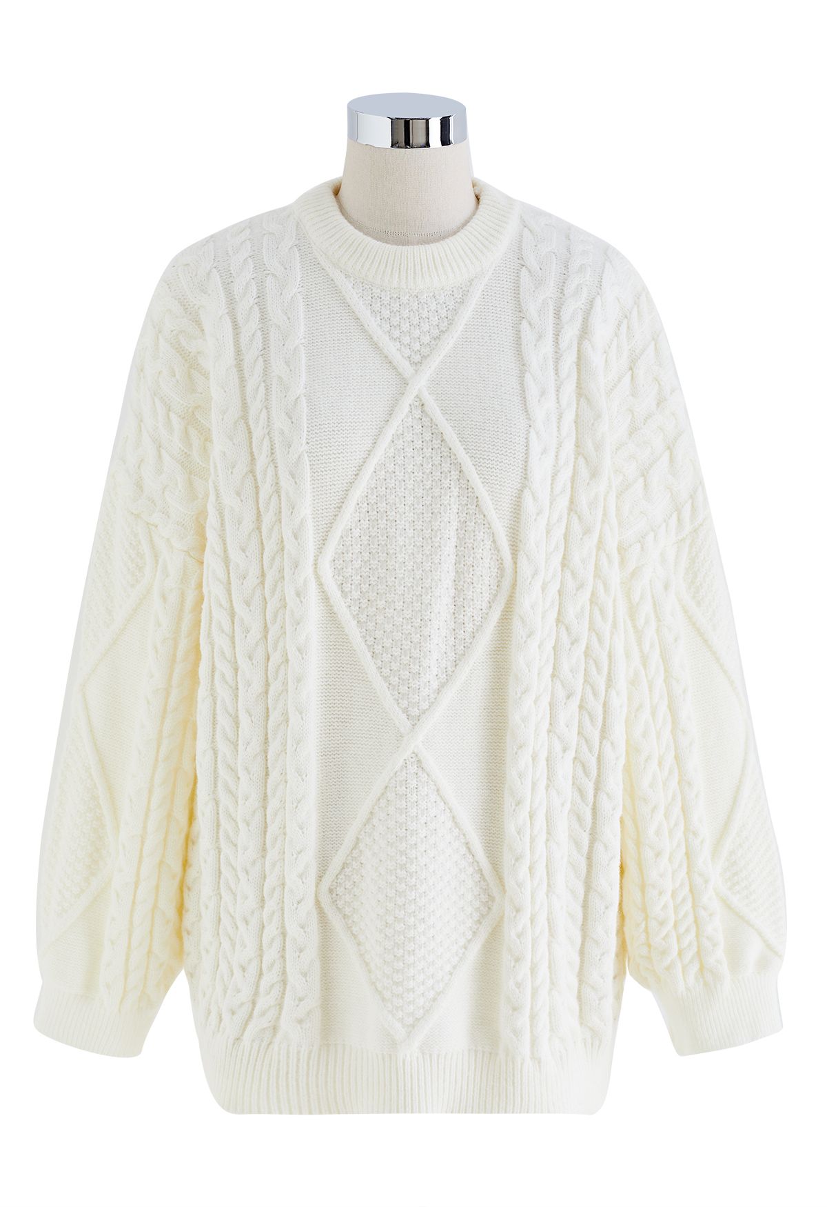 Cable Knit Sweater with Pom-Pom Scarf in Cream