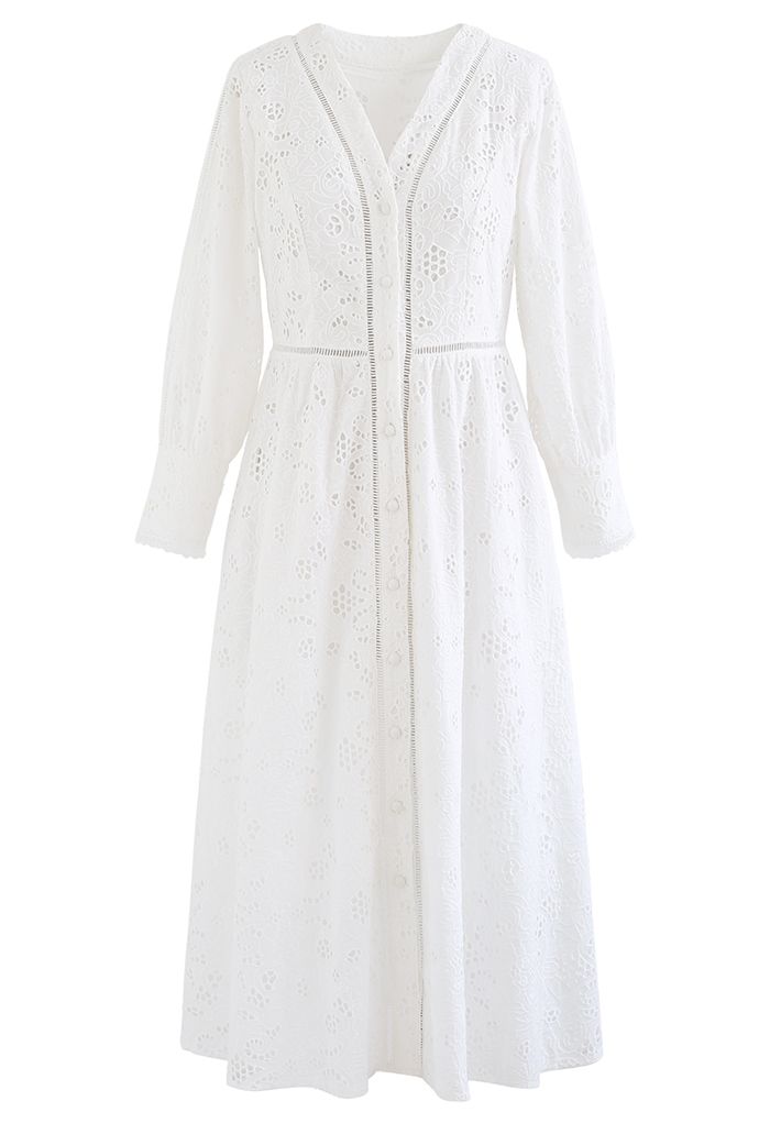 Solid White Embroidery Eyelet Midi Dress