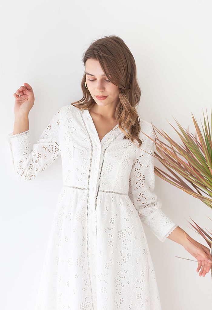 Solid White Embroidery Eyelet Midi Dress