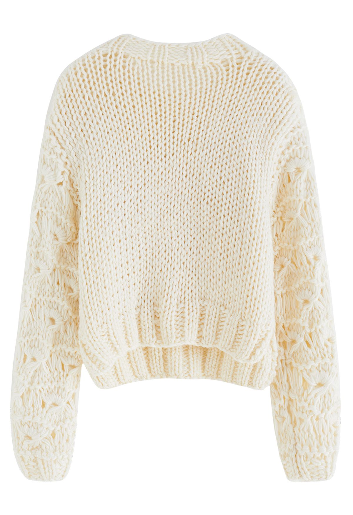 Crew Neck Pointelle Sleeve Pom-Pom Knit Sweater in Ivory