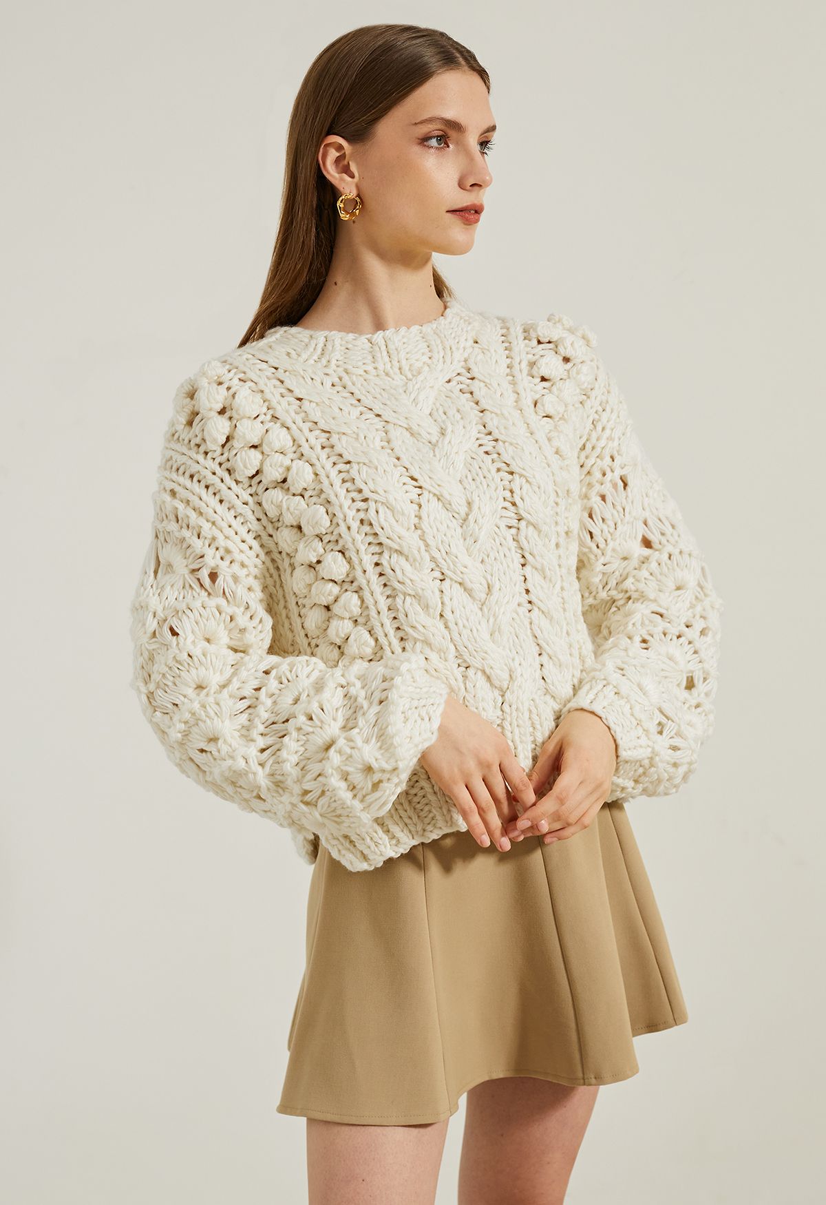 Crew Neck Pointelle Sleeve Pom-Pom Knit Sweater in Ivory