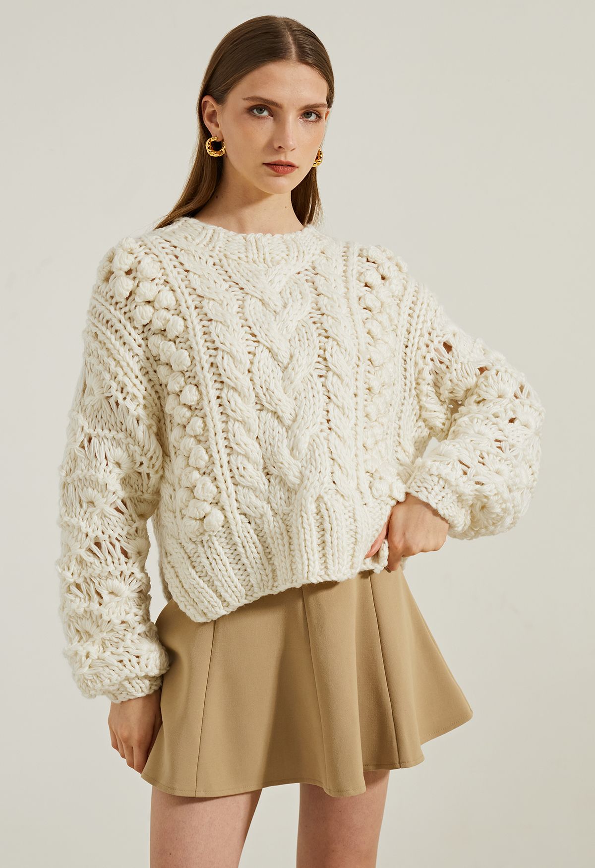 Crew Neck Pointelle Sleeve Pom-Pom Knit Sweater in Ivory