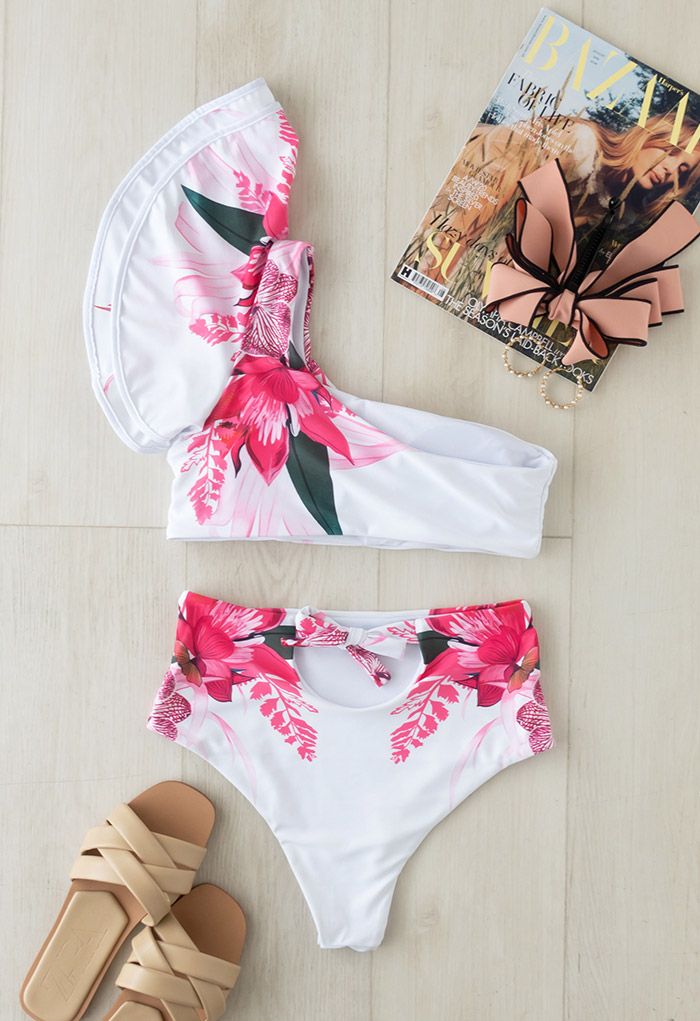 Pinky Floral Ruffle One-Shoulder Bikini Set in White