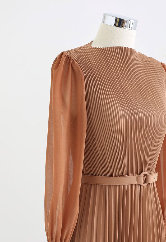 Full Pleated Belted Maxi Dress in Tan