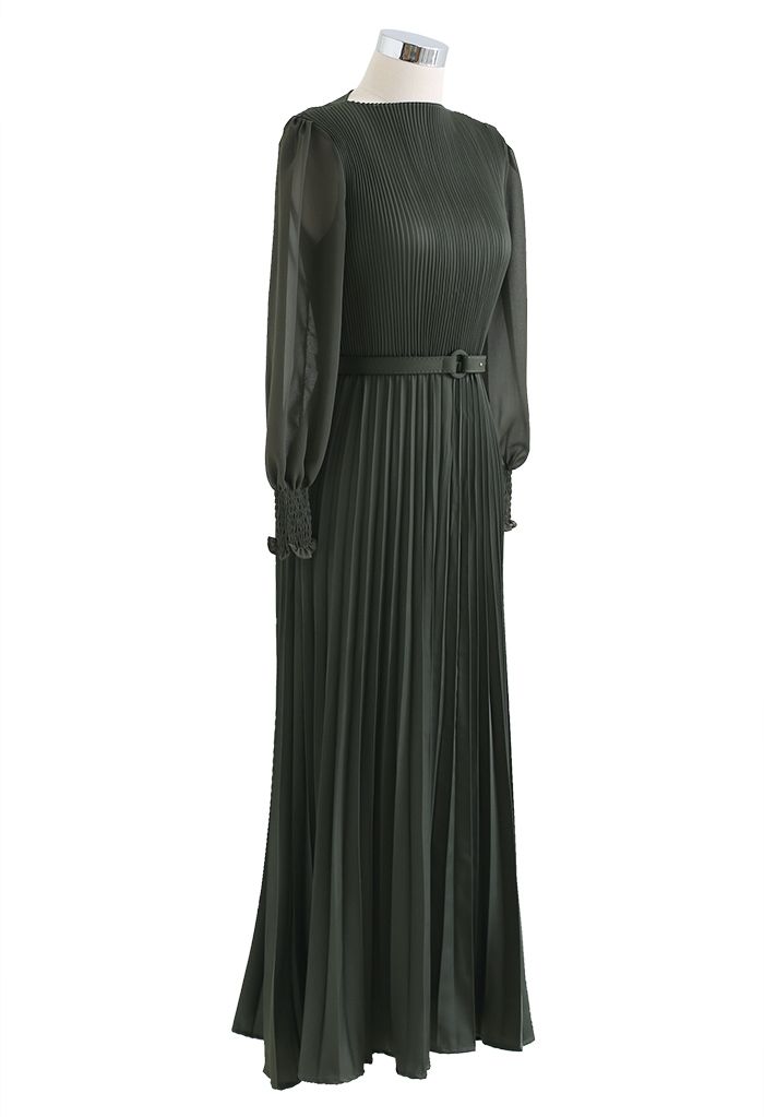 Full Pleated Belted Maxi Dress in Dark Green