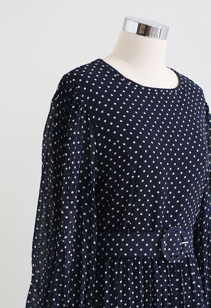 Polka Dots Belted Chiffon Maxi Dress in Navy