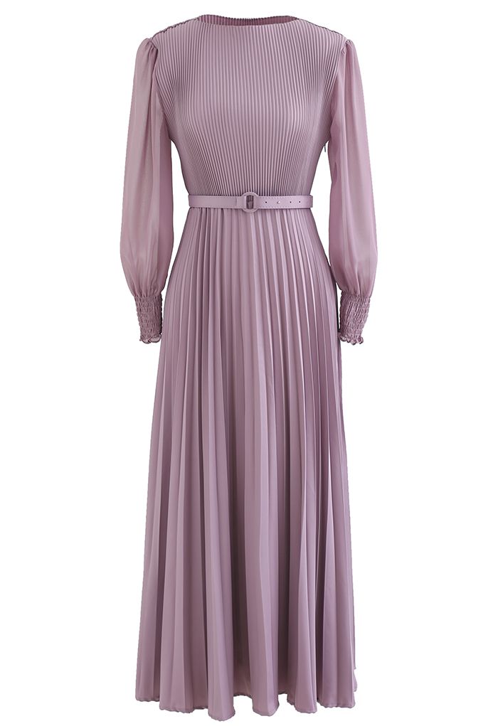 Full Pleated Belted Maxi Dress in Lilac