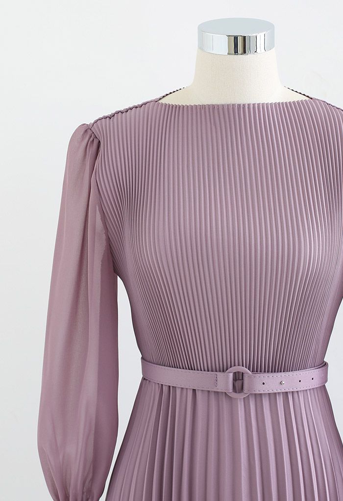 Full Pleated Belted Maxi Dress in Lilac