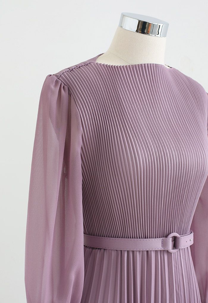 Full Pleated Belted Maxi Dress in Lilac