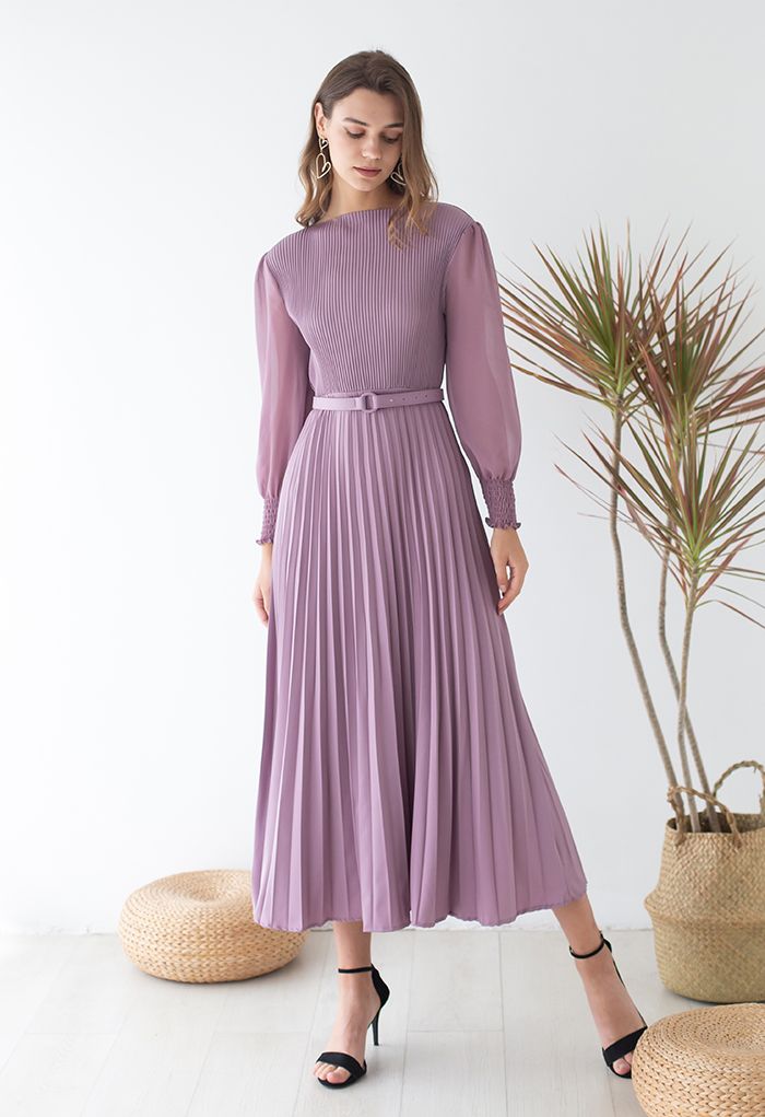 Full Pleated Belted Maxi Dress in Lilac