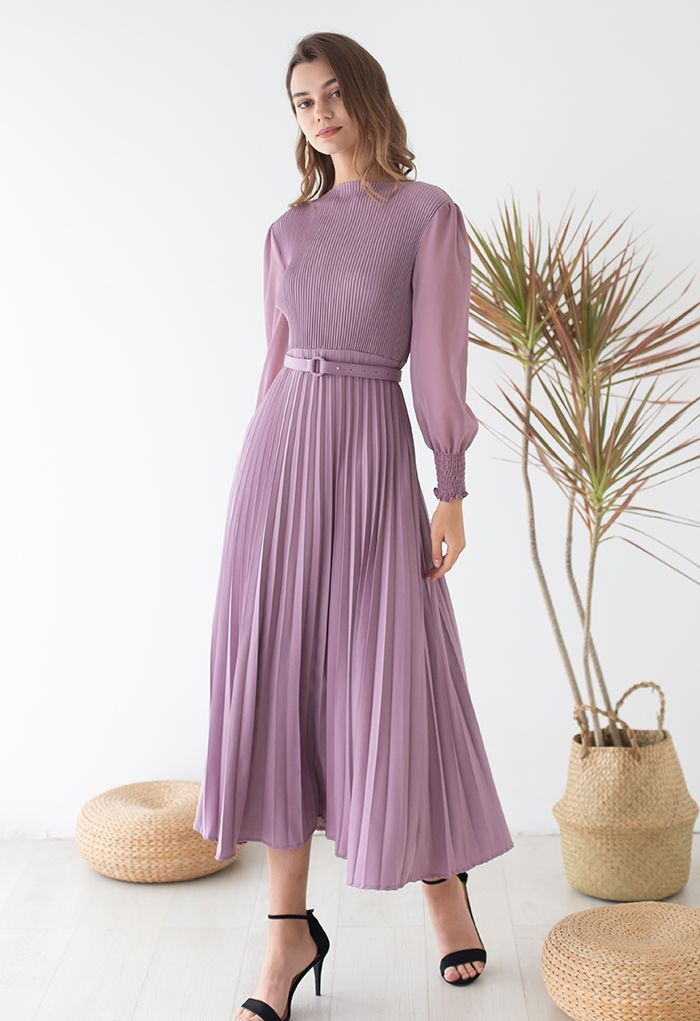 Full Pleated Belted Maxi Dress in Lilac