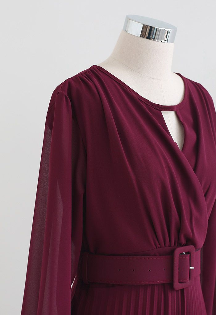 Flowy Chiffon Wrap Pleated Maxi Dress in Burgundy