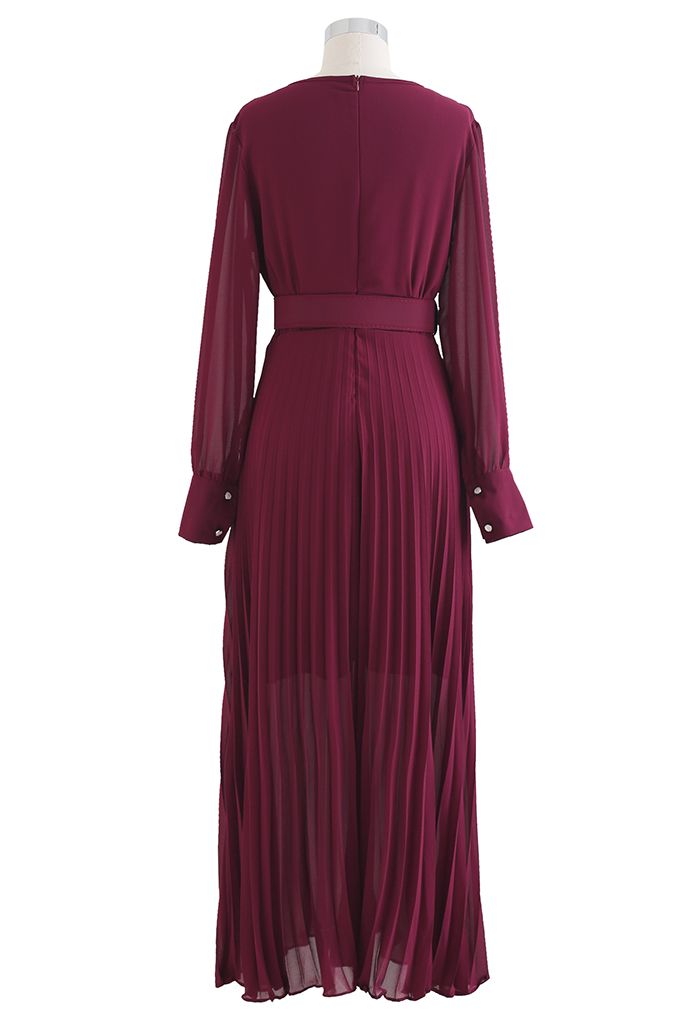 Flowy Chiffon Wrap Pleated Maxi Dress in Burgundy