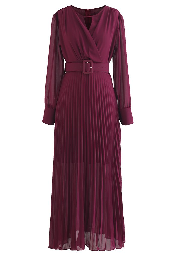 Flowy Chiffon Wrap Pleated Maxi Dress in Burgundy