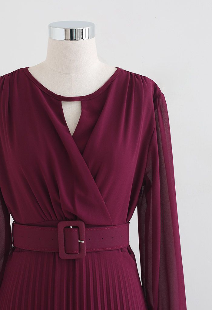 Flowy Chiffon Wrap Pleated Maxi Dress in Burgundy