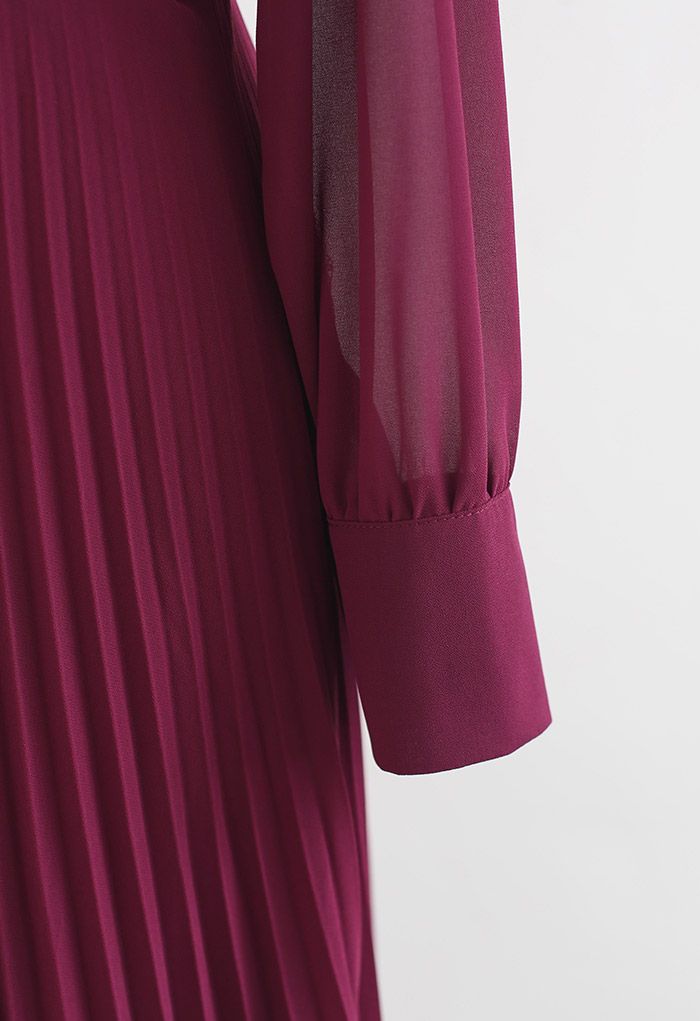 Flowy Chiffon Wrap Pleated Maxi Dress in Burgundy