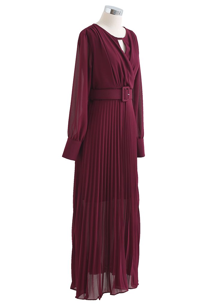 Flowy Chiffon Wrap Pleated Maxi Dress in Burgundy