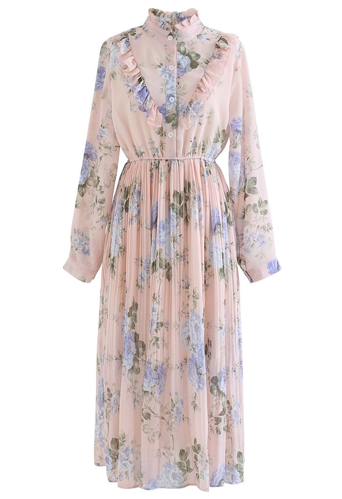 Gorgeous Peony Pleated Chiffon Midi Dress in Nude Pink