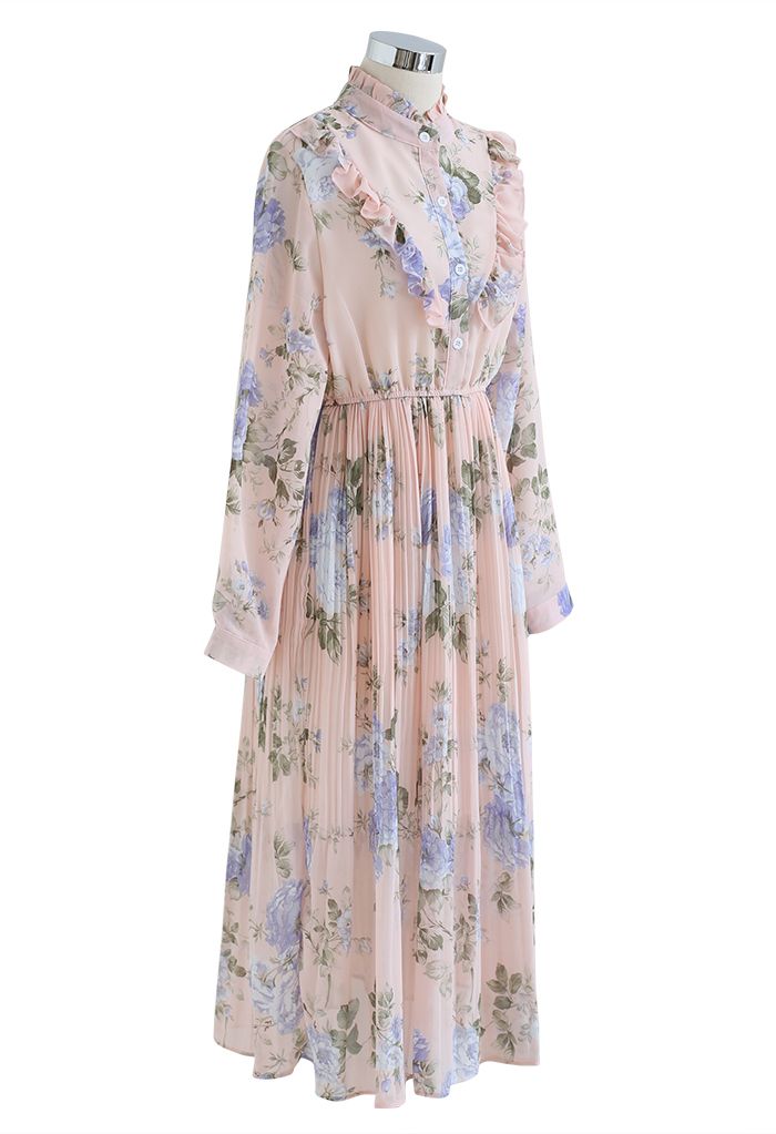 Gorgeous Peony Pleated Chiffon Midi Dress in Nude Pink