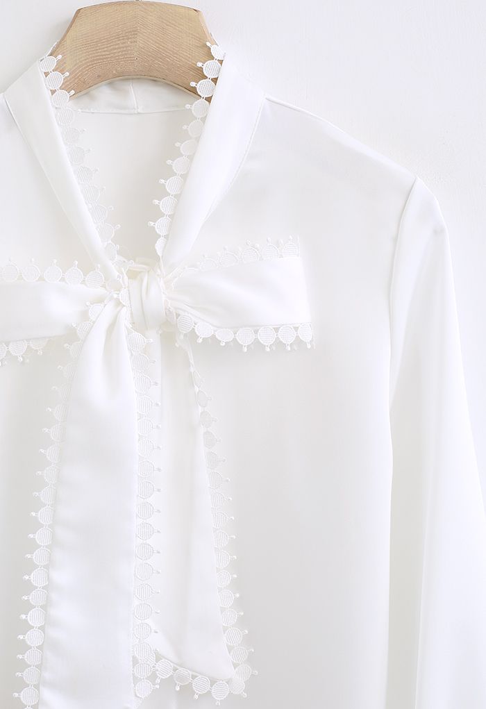 Crochet Edge Bowknot Satin Shirt in White