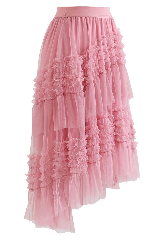 Ruffle Tiered Hi-Lo Mesh Tulle Skirt in Pink