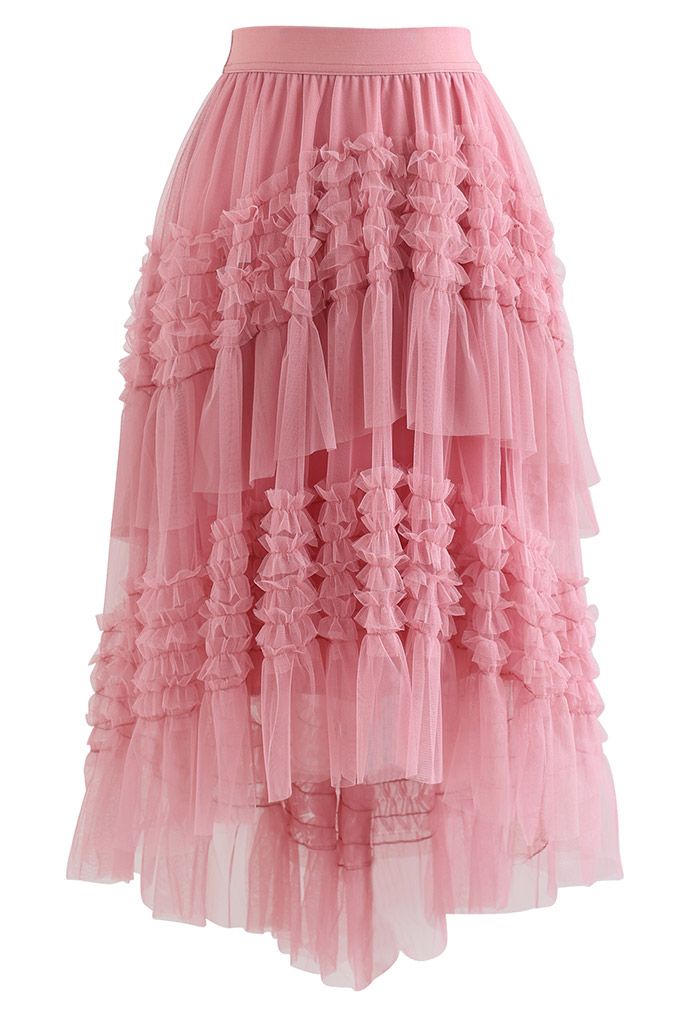 Ruffle Tiered Hi-Lo Mesh Tulle Skirt in Pink