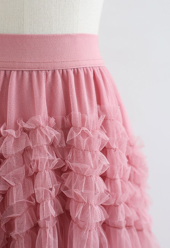 Ruffle Tiered Hi-Lo Mesh Tulle Skirt in Pink