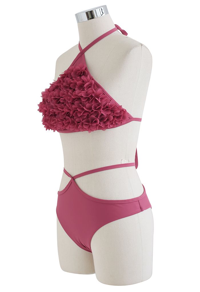 3D Petal Triangle Self-Tie Bikini Set in Coral