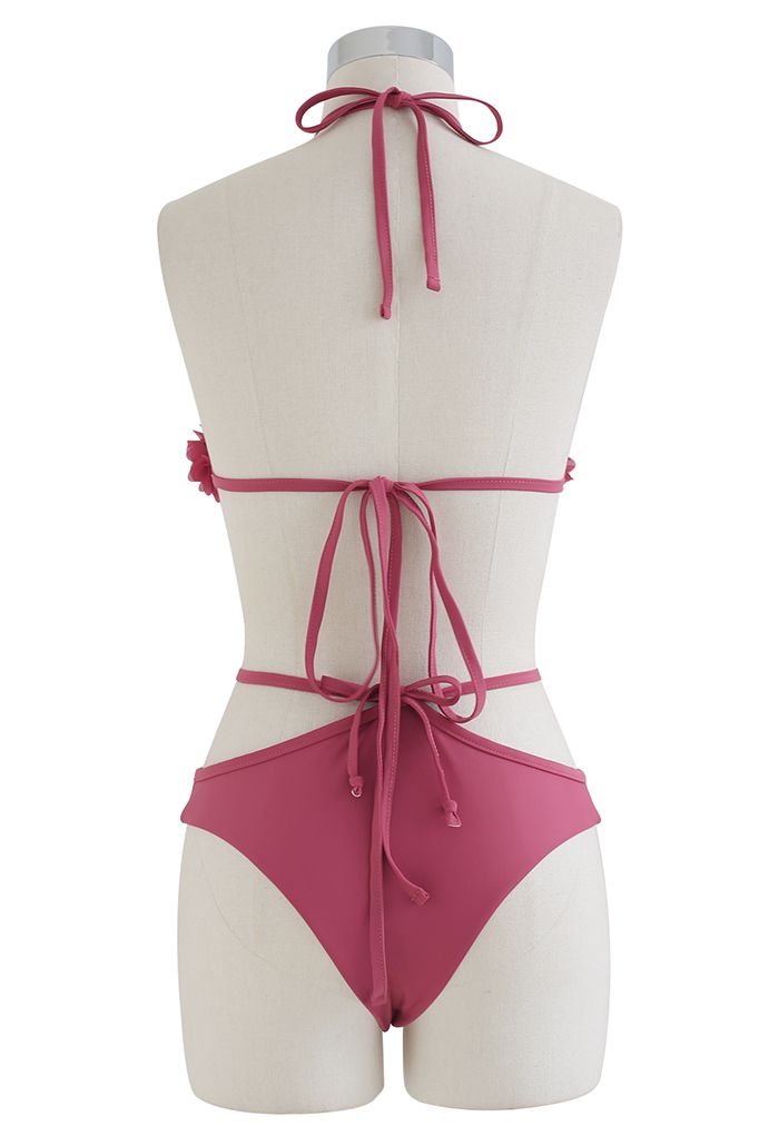 3D Petal Triangle Self-Tie Bikini Set in Coral