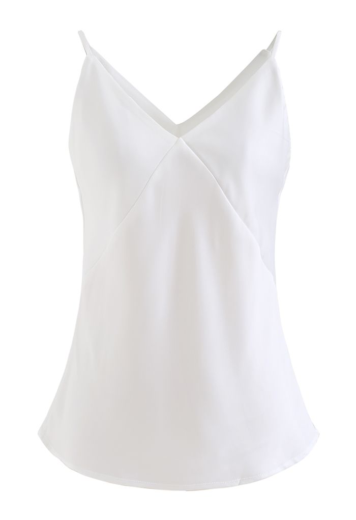 V-Neck Satin Cami Tank Top in White