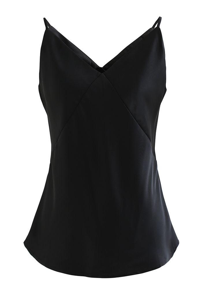 V-Neck Satin Cami Tank Top in Black