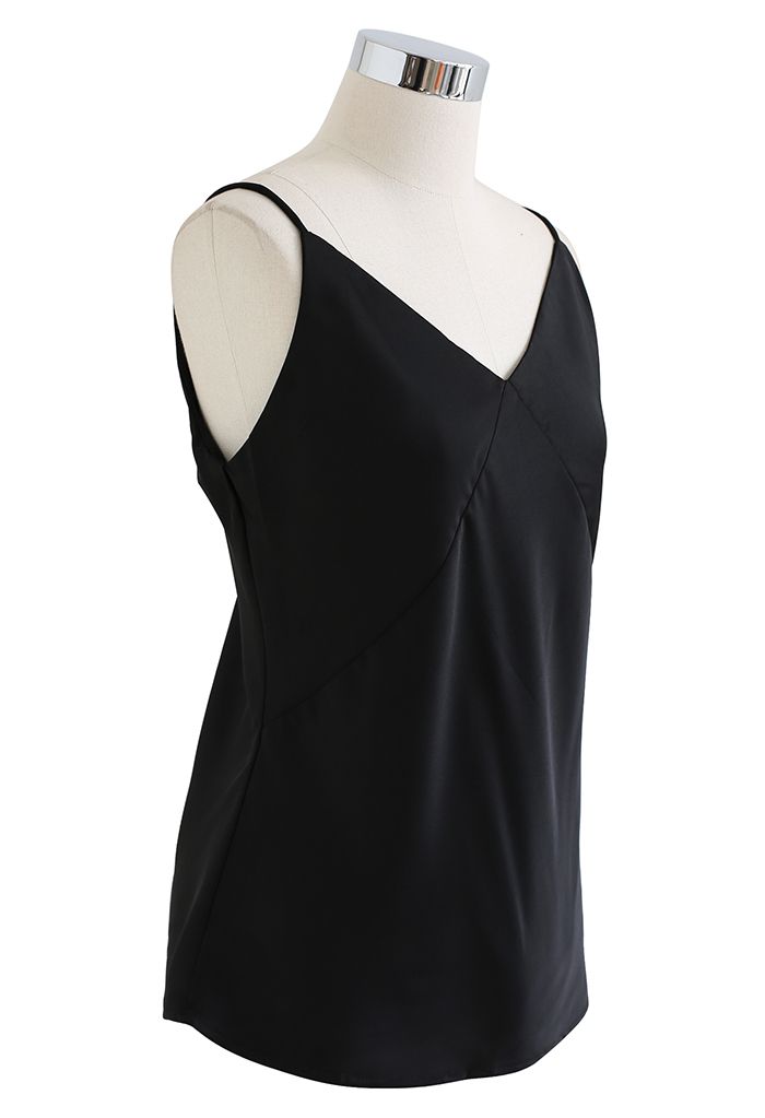 V-Neck Satin Cami Tank Top in Black