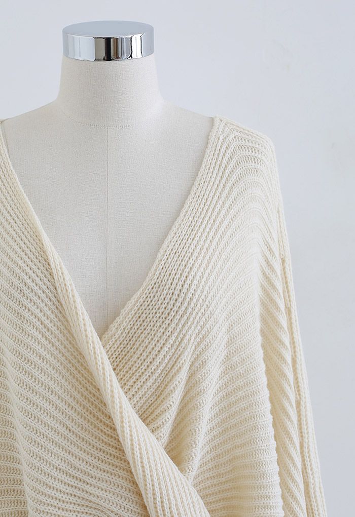 Twisted Front Batwing Sleeve Knit Sweater in Cream