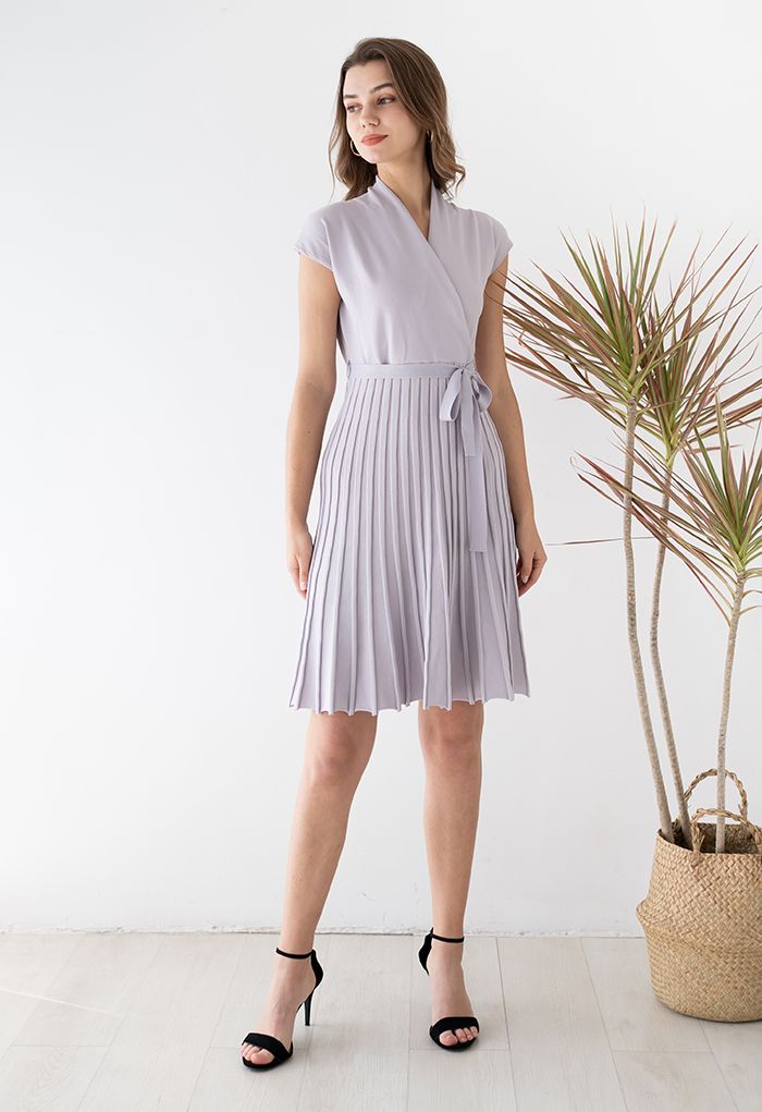 Pleated Sleeveless Wrapped Knit Dress in Lavender