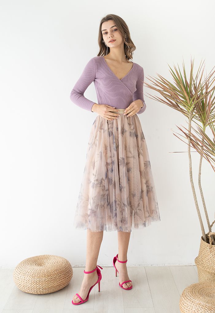 Inky Floral Double-Layered Mesh Tulle Midi Skirt