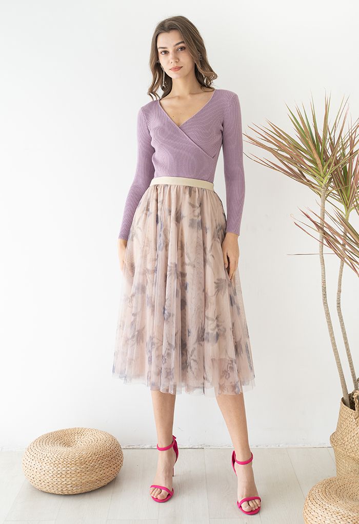 Inky Floral Double-Layered Mesh Tulle Midi Skirt