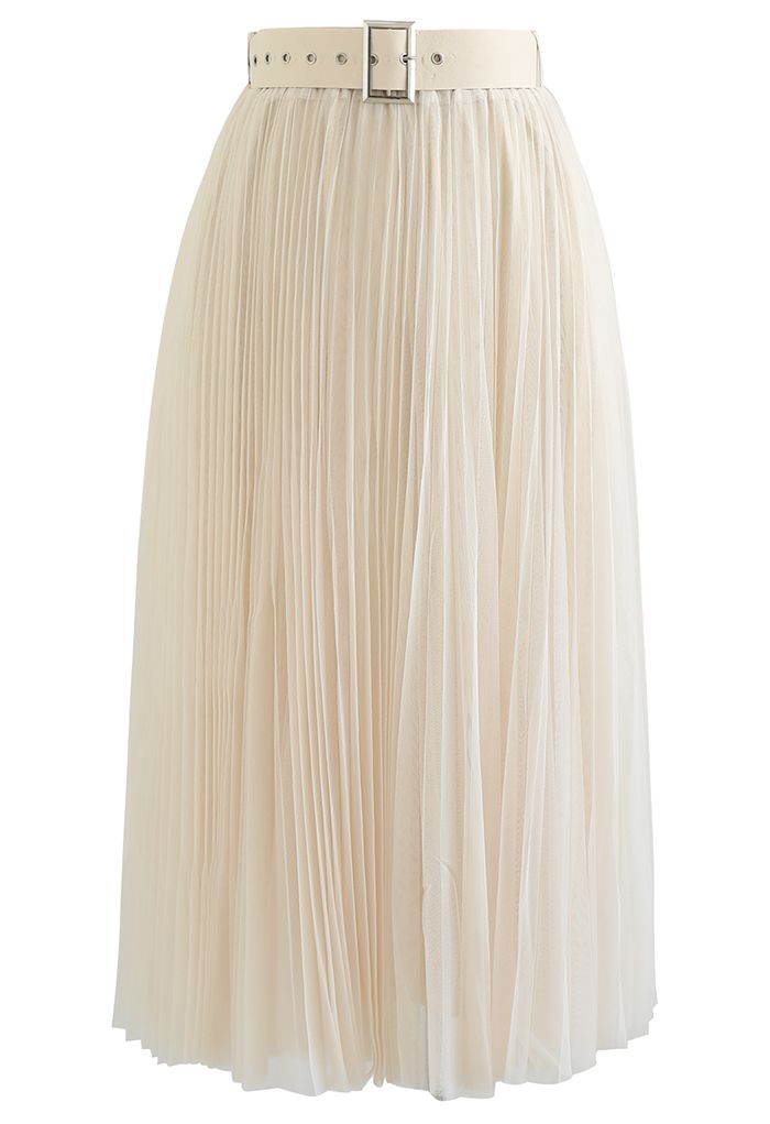 Full Pleated Double-Layered Mesh Midi Skirt in Cream