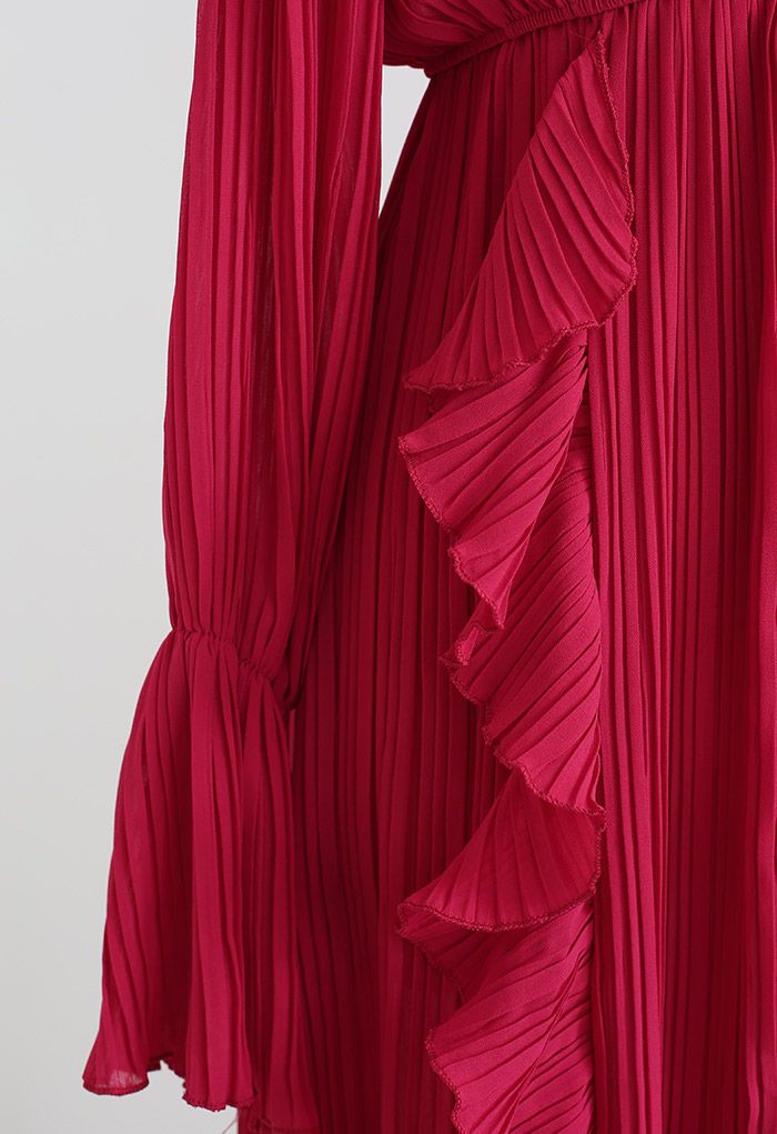 Breezy Ruffle Asymmetric Pleated Chiffon Maxi Dress in Red