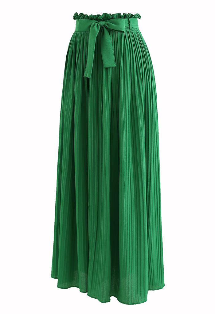 Tie-Waist Pleated Wide Leg Pants in Green