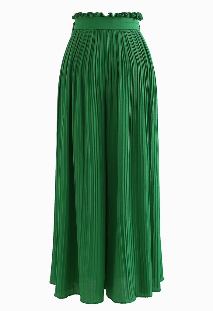 Tie-Waist Pleated Wide Leg Pants in Green