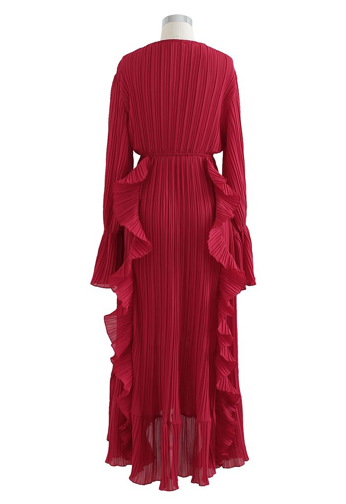 Breezy Ruffle Asymmetric Pleated Chiffon Maxi Dress in Red